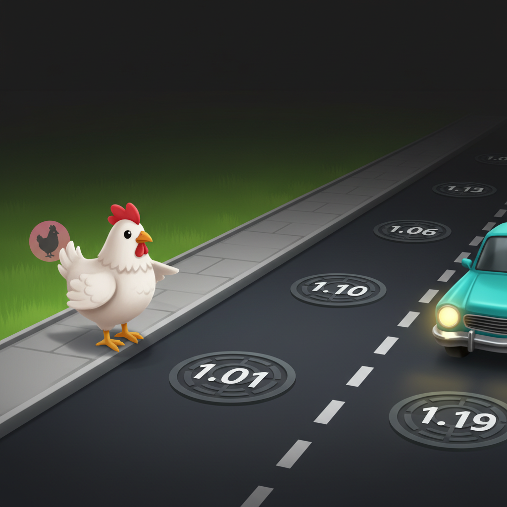 Area di gioco di Chicken Road 2 con sei corsie stradali, tombini con moltiplicatori e auto turchese