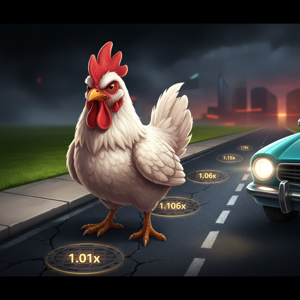 Schermata principale di Chicken Road 2 con il pollo bianco pronto ad attraversare la strada
