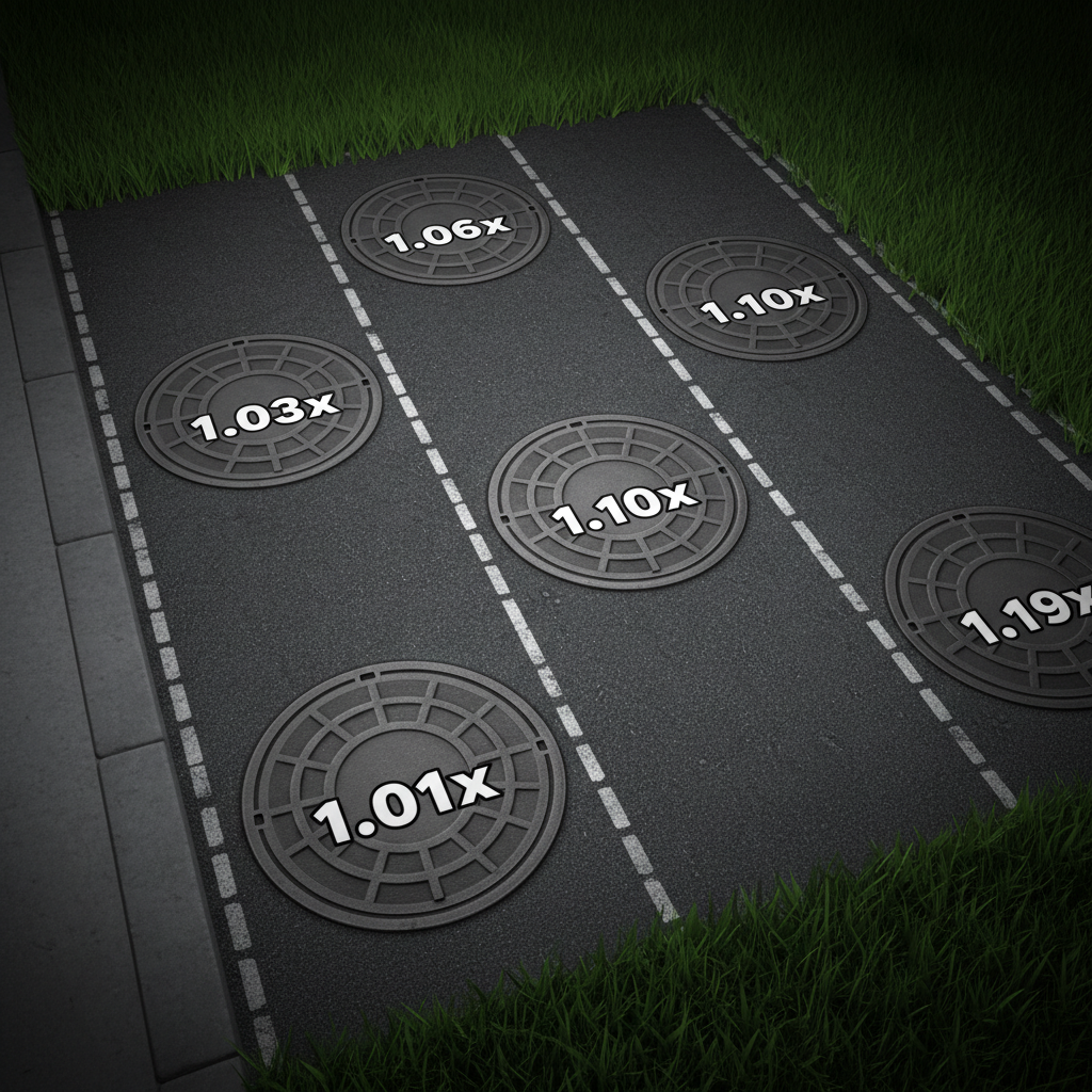 Tombini stradali di Chicken Road 2 con i moltiplicatori da 1.01x a 1.19x posizionati sulle sei corsie